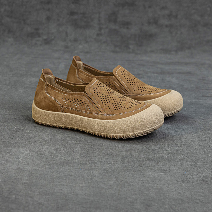 Womens Summer Perforated Leather Slip-on Loafers Breathable Platform Casual Walking Shoes