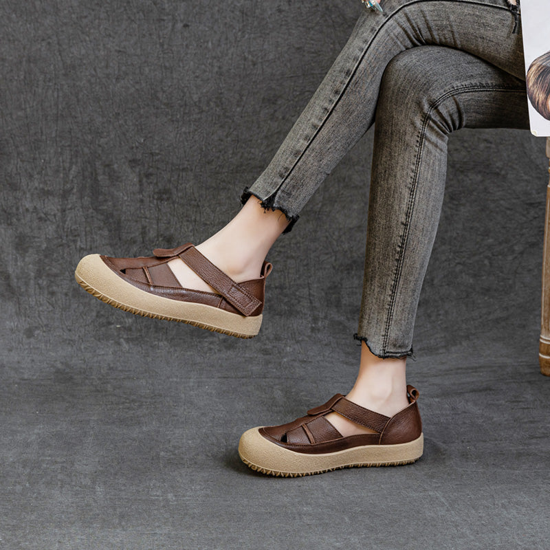 Womens Retro Woven Leather Fisherman Sandals Velcro Closed Toe Platform Walking Shoes