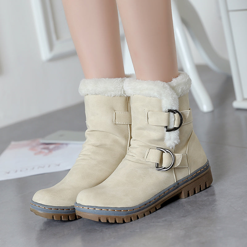 Womens Snow Boots Flats Fur Warm Winter Buckle Slip on Shoes