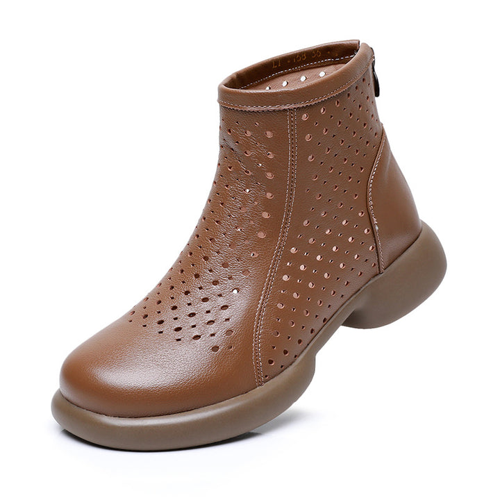 Women‘s Retro Cowhide Ankle Boots Vintage Round Toe Cutout Perforated Chunky Heels