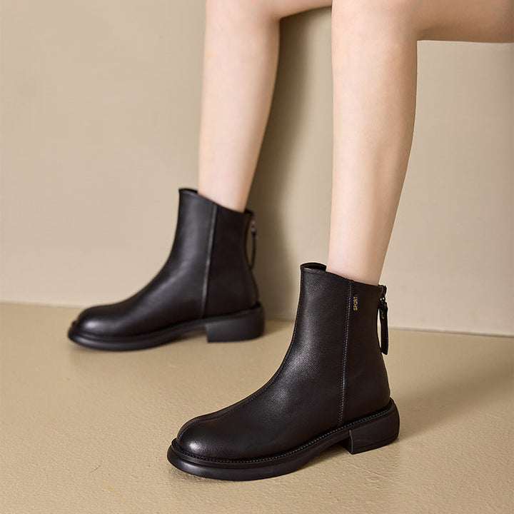 Women’s Leather Ankle Boots – Low Heel Back Zip Comfortable Casual Shoes