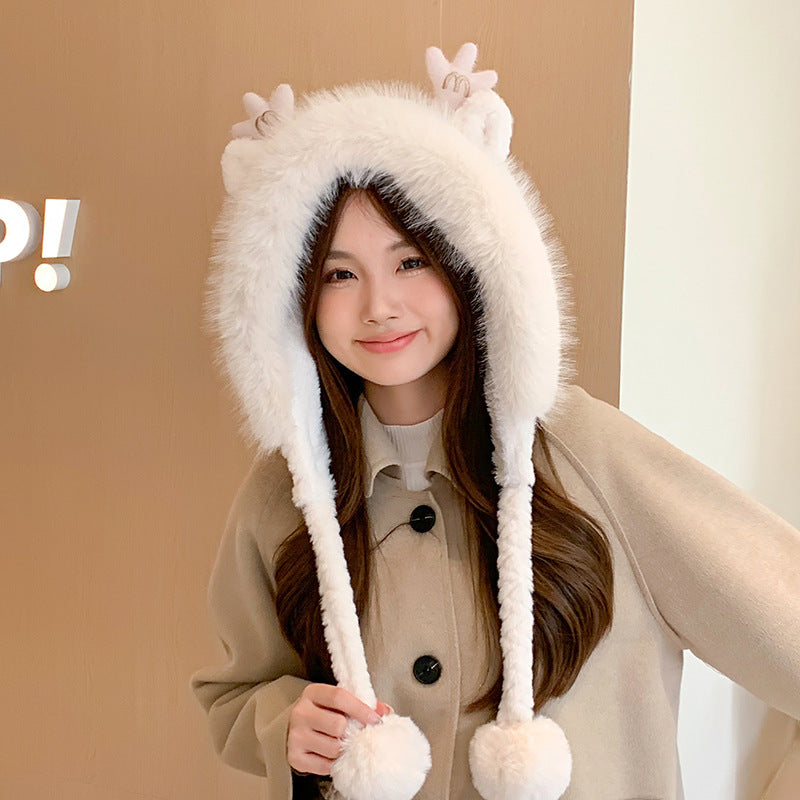 Cute Deer Antler Ear Protection Thickened Plus Fleece Hat