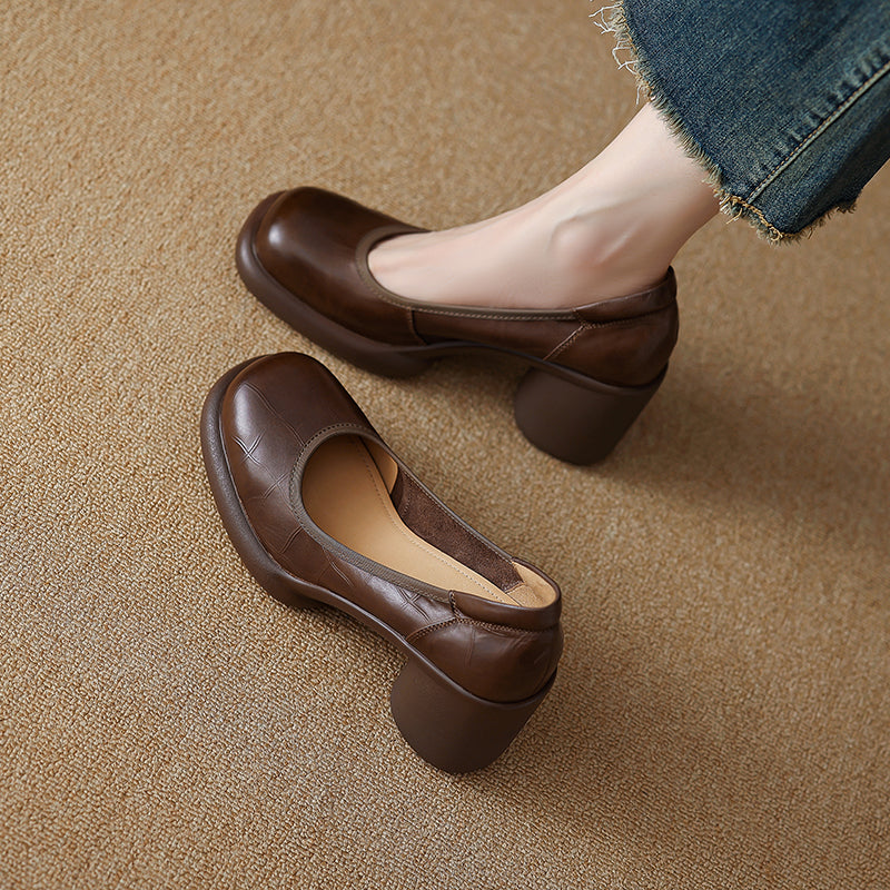 Women's Leather Platform Pumps - Lightweight Chunky High Heel