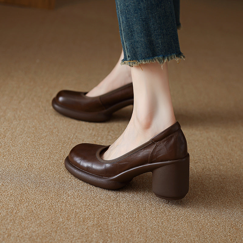Women's Leather Platform Pumps - Lightweight Chunky High Heel