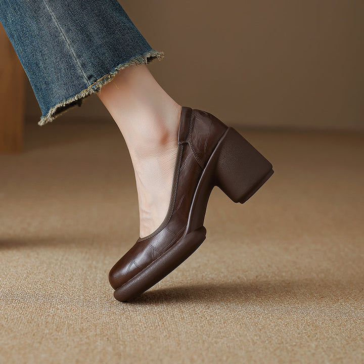 Women's Leather Platform Pumps - Lightweight Chunky High Heel