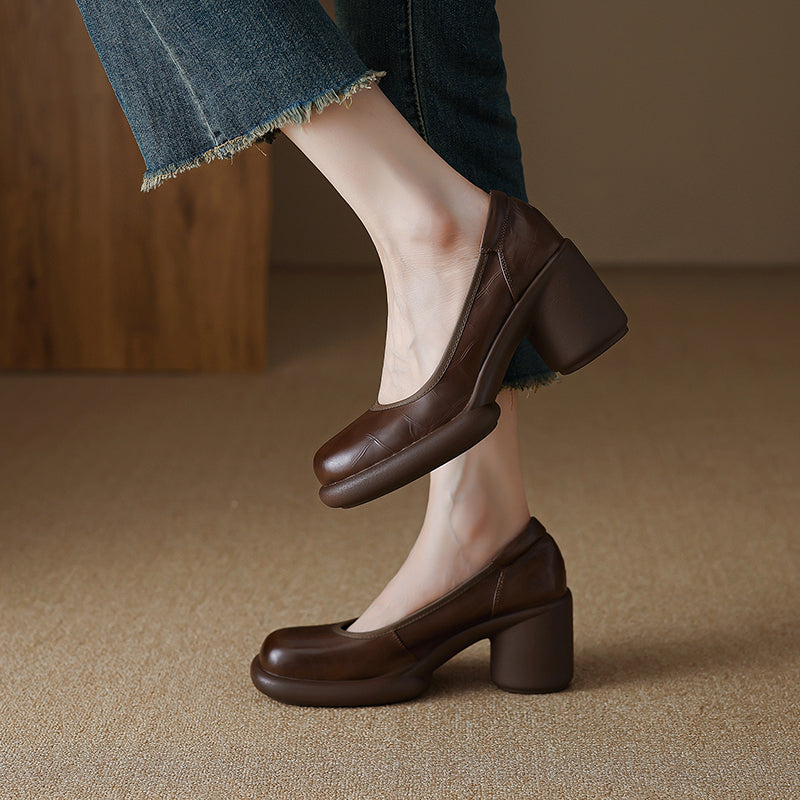 Women's Leather Platform Pumps - Lightweight Chunky High Heel
