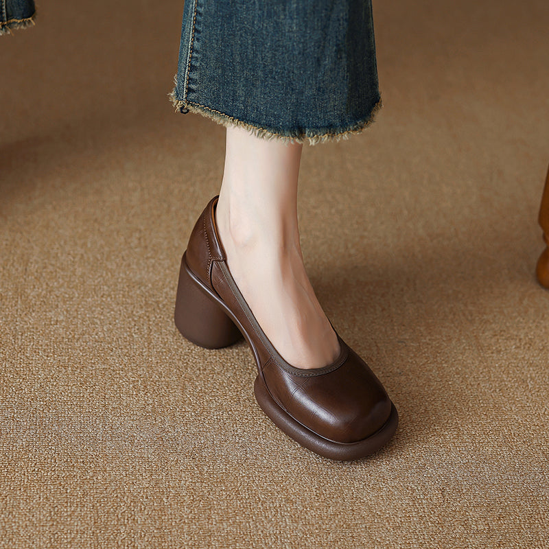 Women's Leather Platform Pumps - Lightweight Chunky High Heel