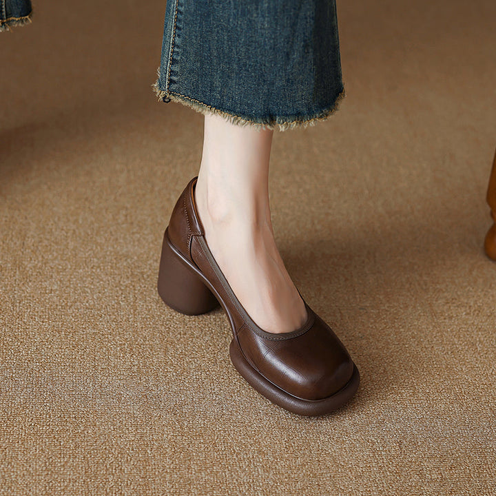 Women's Leather Platform Pumps - Lightweight Chunky High Heel