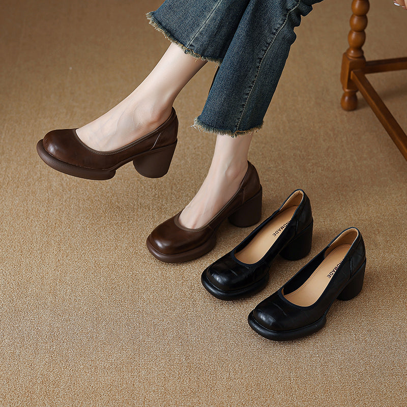 Women's Leather Platform Pumps - Lightweight Chunky High Heel