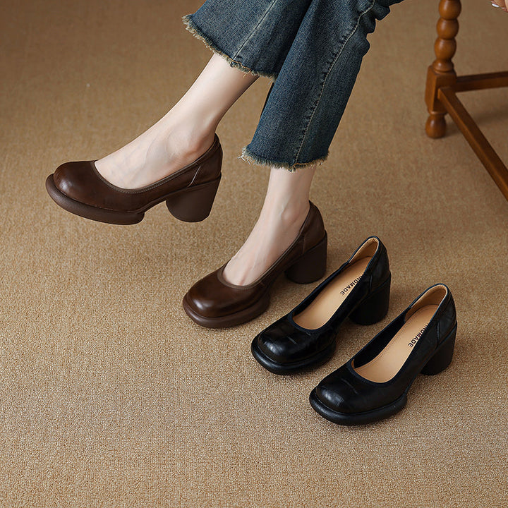 Women's Leather Platform Pumps - Lightweight Chunky High Heel
