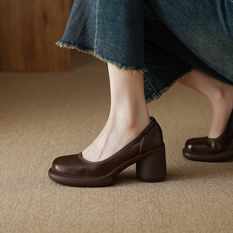 Women's Leather Platform Pumps - Lightweight Chunky High Heel