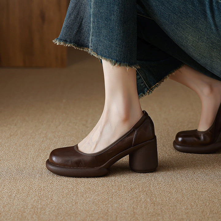 Women's Leather Platform Pumps - Lightweight Chunky High Heel