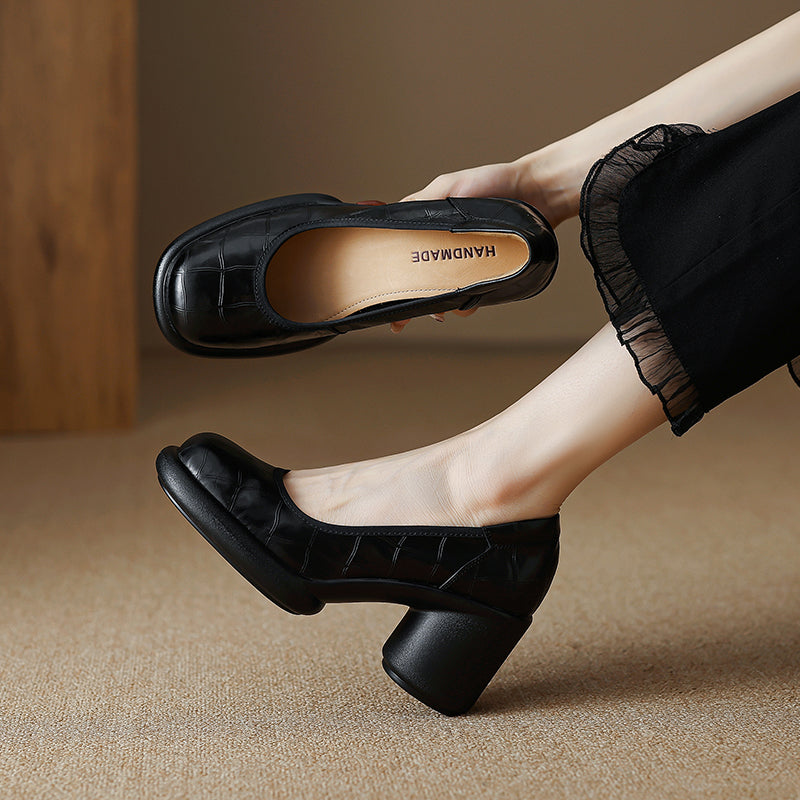 Women's Leather Platform Pumps - Lightweight Chunky High Heel