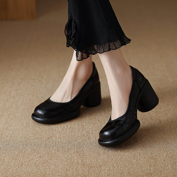 Women's Leather Platform Pumps - Lightweight Chunky High Heel