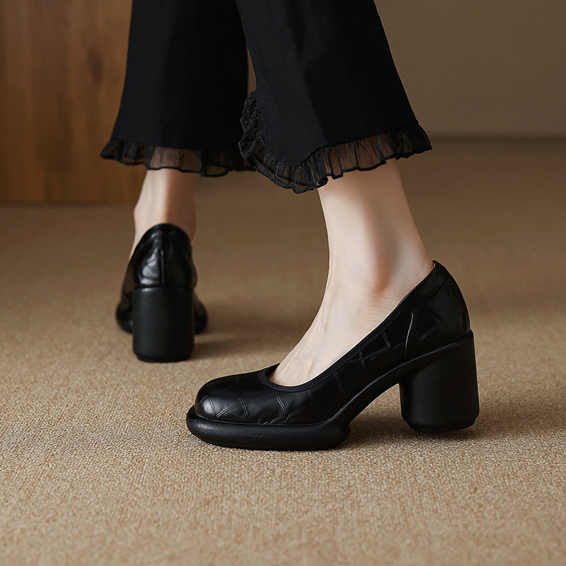 Women's Leather Platform Pumps - Lightweight Chunky High Heel
