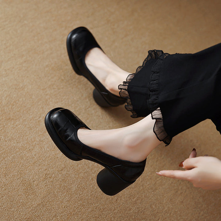 Women's Leather Platform Pumps - Lightweight Chunky High Heel