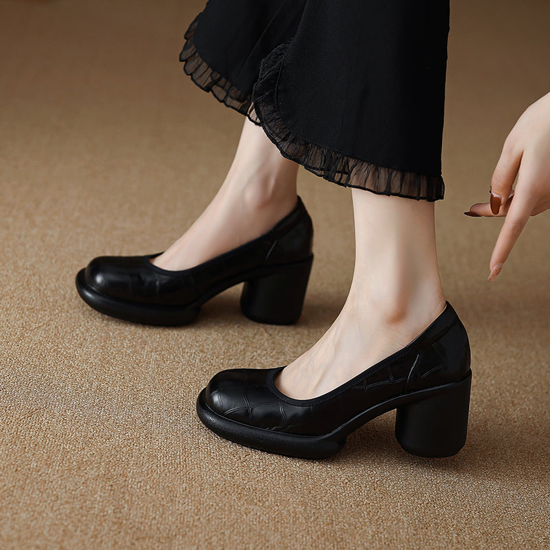 Women's Leather Platform Pumps - Lightweight Chunky High Heel