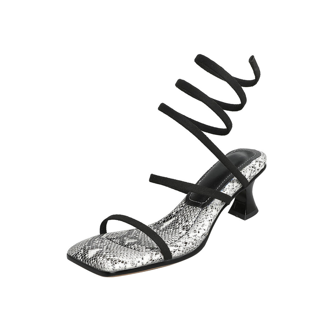 Women's Python Print Coil Anklet Leather Heeled Sandals