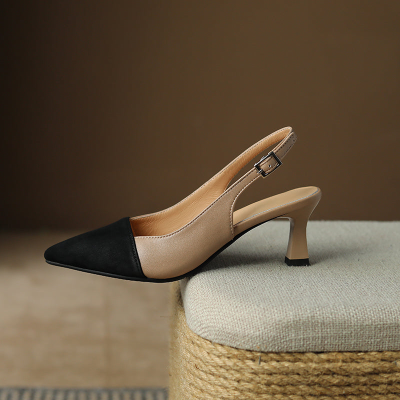 Women's Pointed Toe Genuine Leather Patchwork Kitten Heel Sandals