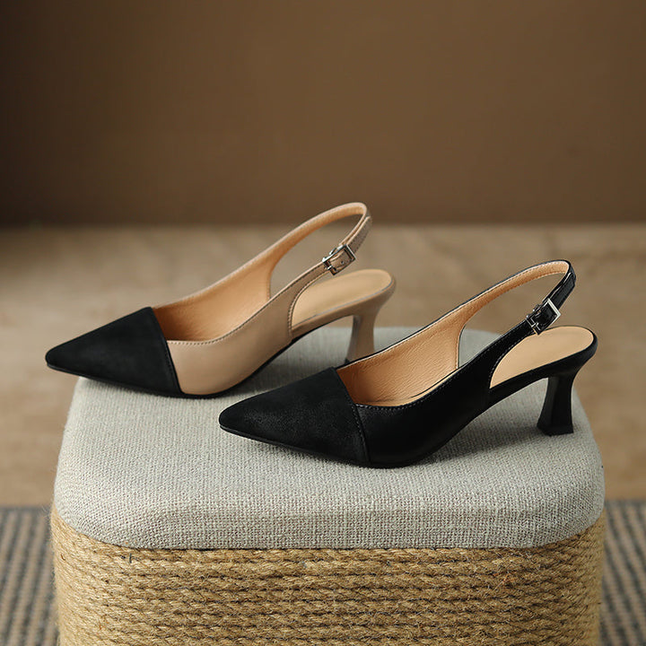 Women's Pointed Toe Genuine Leather Patchwork Kitten Heel Sandals