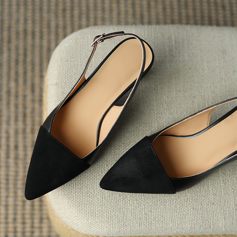 Women's Pointed Toe Genuine Leather Patchwork Kitten Heel Sandals