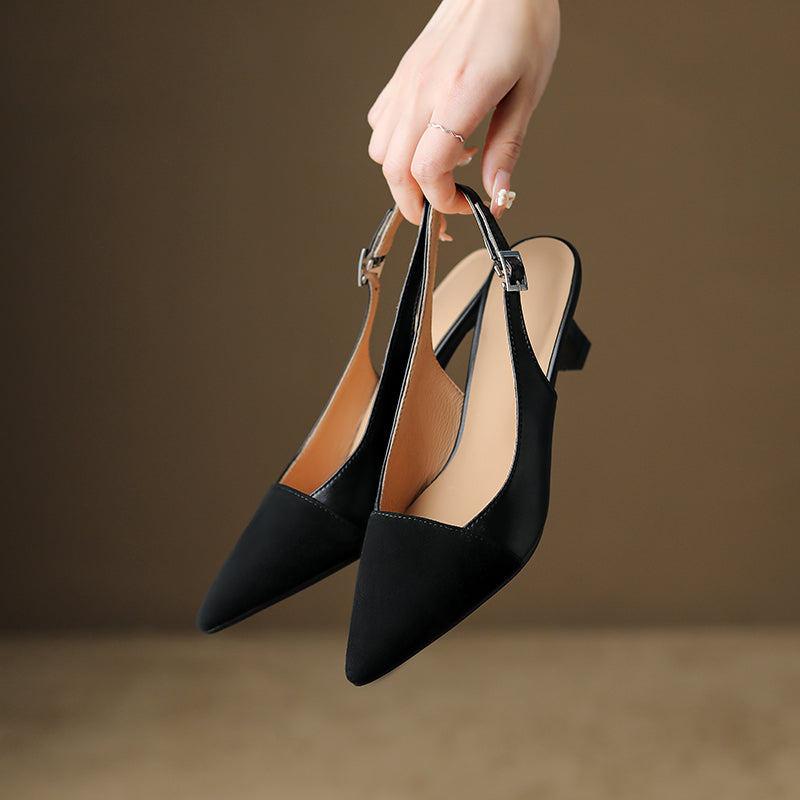 Women's Pointed Toe Genuine Leather Patchwork Kitten Heel Sandals