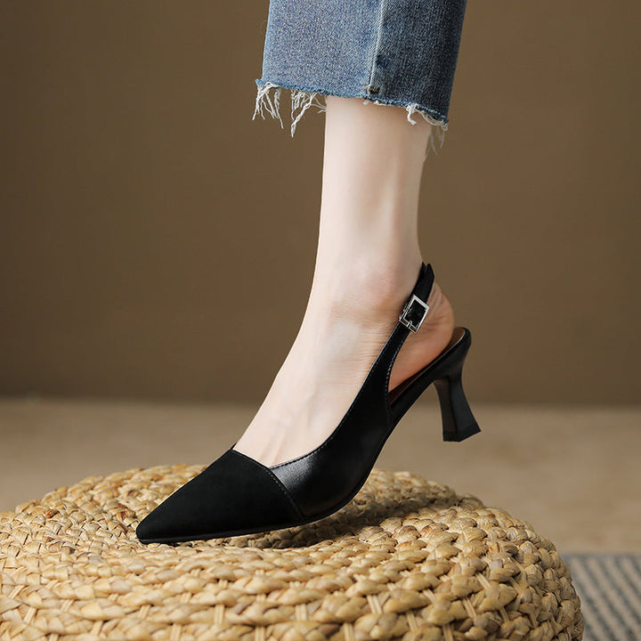 Women's Pointed Toe Genuine Leather Patchwork Kitten Heel Sandals