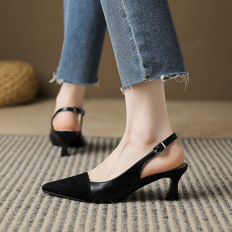 Women's Pointed Toe Genuine Leather Patchwork Kitten Heel Sandals