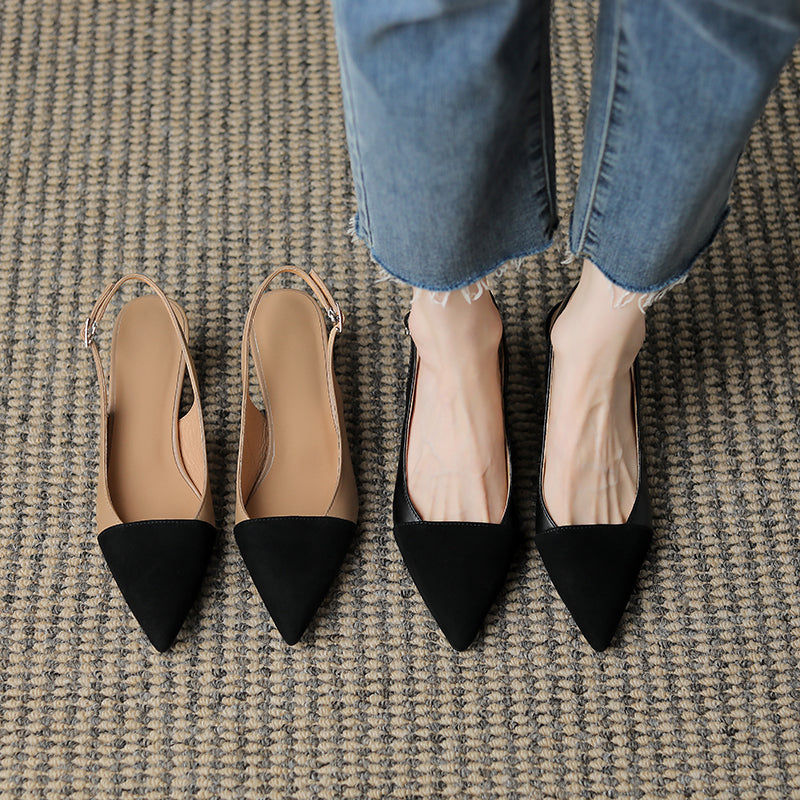 Women's Pointed Toe Genuine Leather Patchwork Kitten Heel Sandals