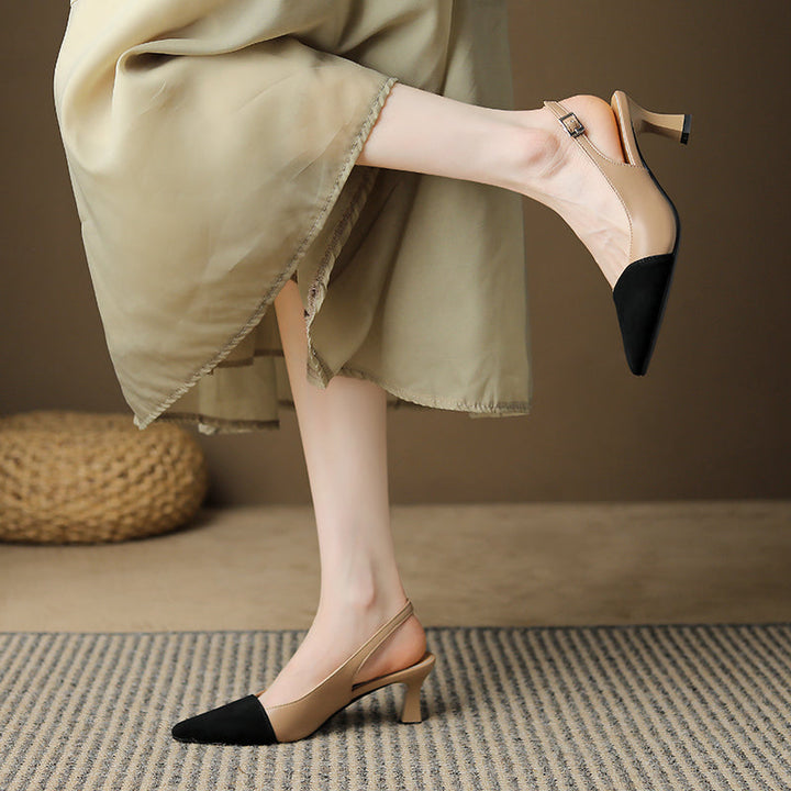 Women's Pointed Toe Genuine Leather Patchwork Kitten Heel Sandals