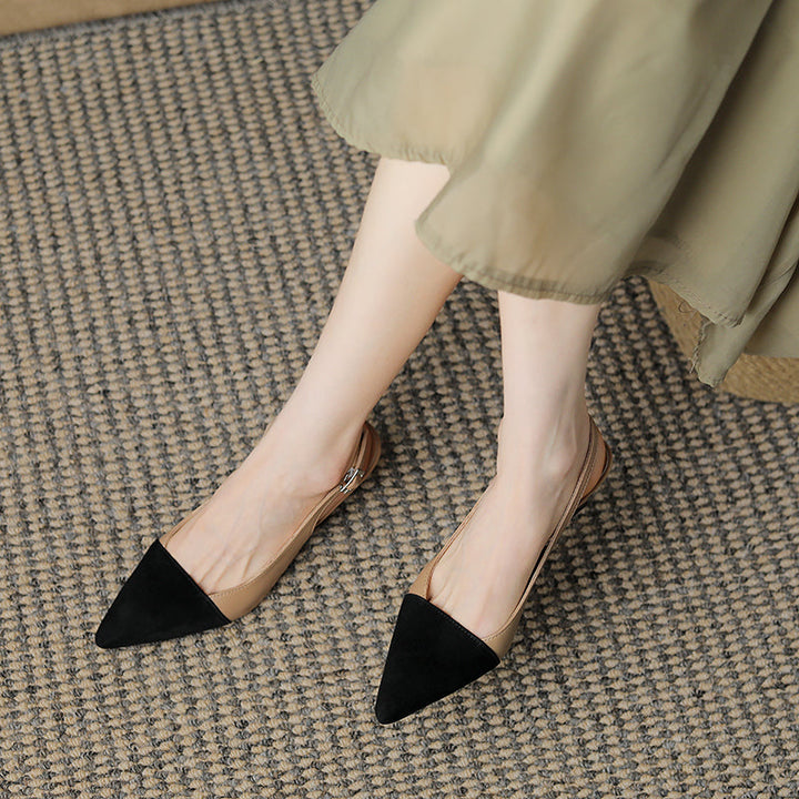Women's Pointed Toe Genuine Leather Patchwork Kitten Heel Sandals