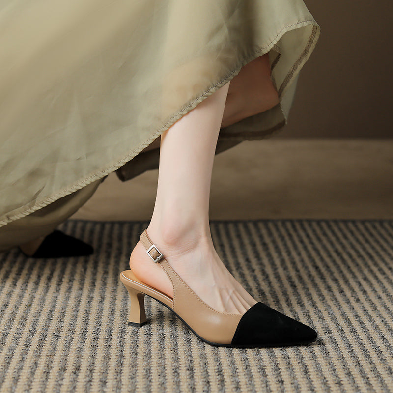 Women's Pointed Toe Genuine Leather Patchwork Kitten Heel Sandals