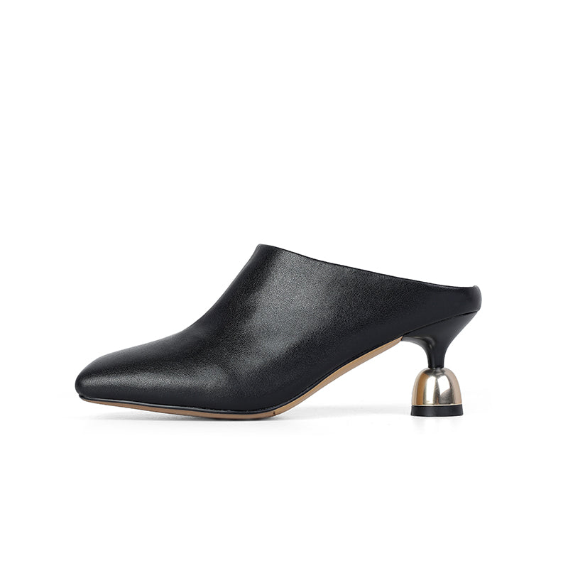 Women's Leather Sculptural Heel Mules Modern Square Toe Luxury Lambskin Heels