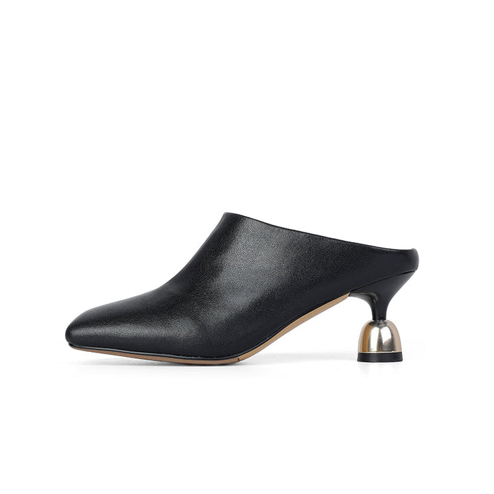 Women's Leather Sculptural Heel Mules Modern Square Toe Luxury Lambskin Heels
