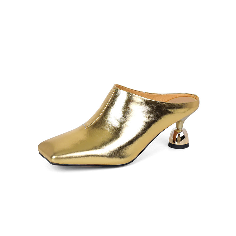 Women's Leather Sculptural Heel Mules Modern Square Toe Luxury Lambskin Heels