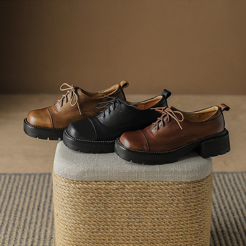 Women's Leather Cap-Toe Platform Derby British Style Retro Lace-up Shoes