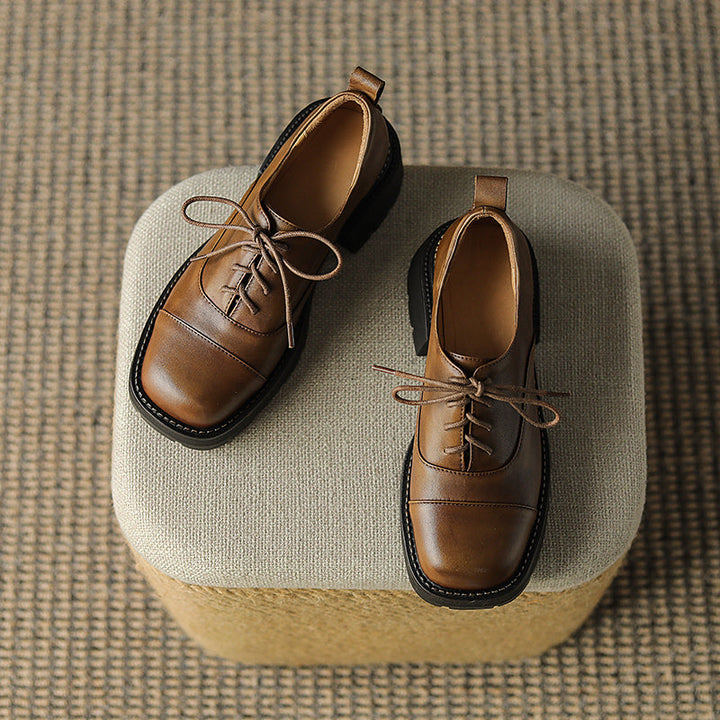 Women's Leather Cap-Toe Platform Derby British Style Retro Lace-up Shoes