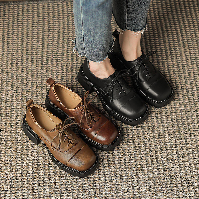 Women's Leather Cap-Toe Platform Derby British Style Retro Lace-up Shoes