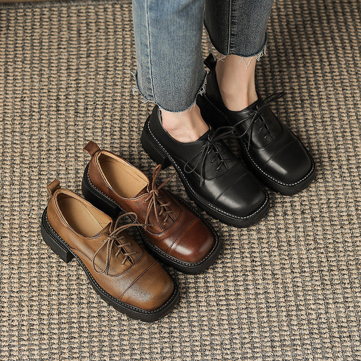Women's Leather Cap-Toe Platform Derby British Style Retro Lace-up Shoes