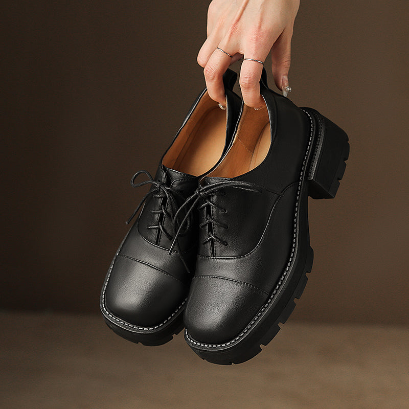 Women's Leather Cap-Toe Platform Derby British Style Retro Lace-up Shoes