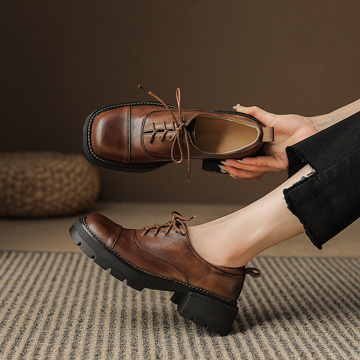 Women's Leather Cap-Toe Platform Derby British Style Retro Lace-up Shoes