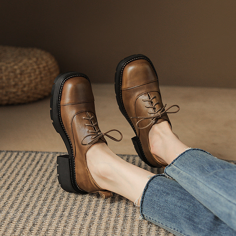Women's Leather Cap-Toe Platform Derby British Style Retro Lace-up Shoes
