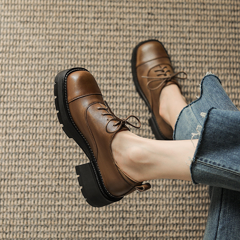 Women's Leather Cap-Toe Platform Derby British Style Retro Lace-up Shoes