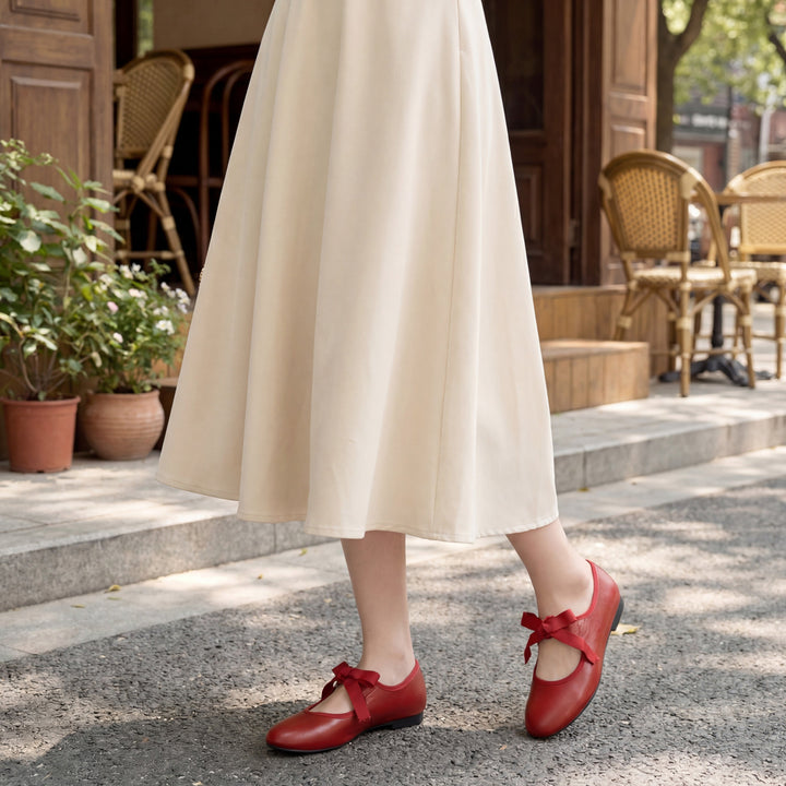 Women's Luxury Lambskin Ballet Flats - Silky Ribbon Lace-up