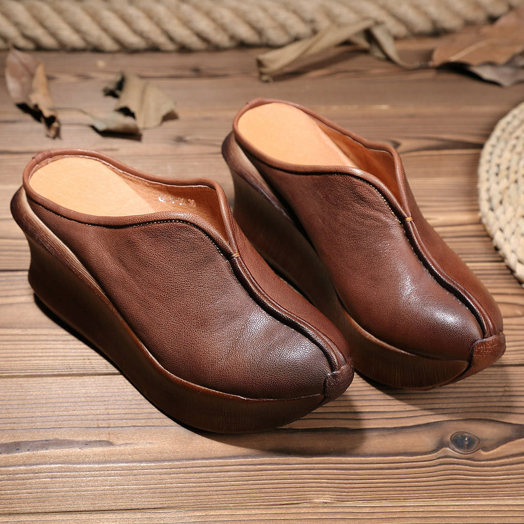 Women's Platform Mules - Premium Cowhide & Sheepskin - Summer Wedge Heels