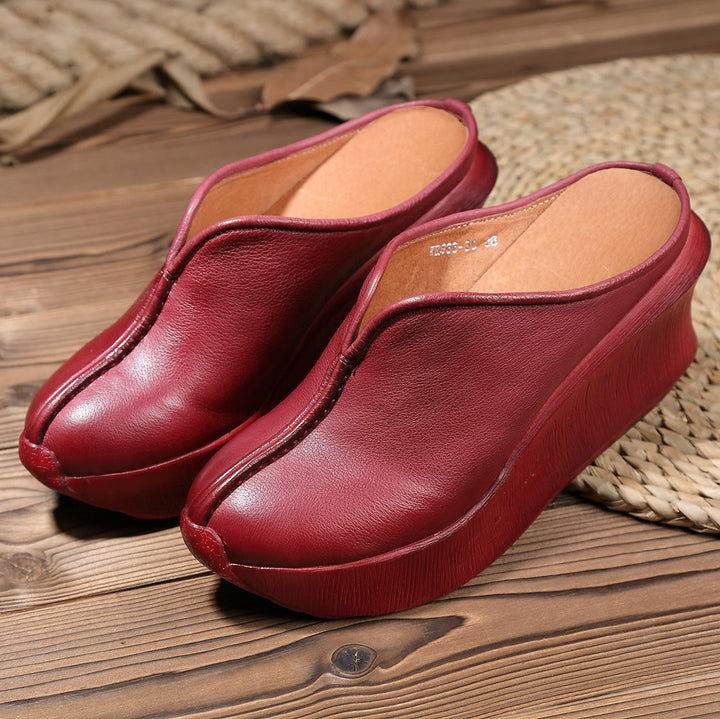 Women's Platform Mules - Premium Cowhide & Sheepskin - Summer Wedge Heels