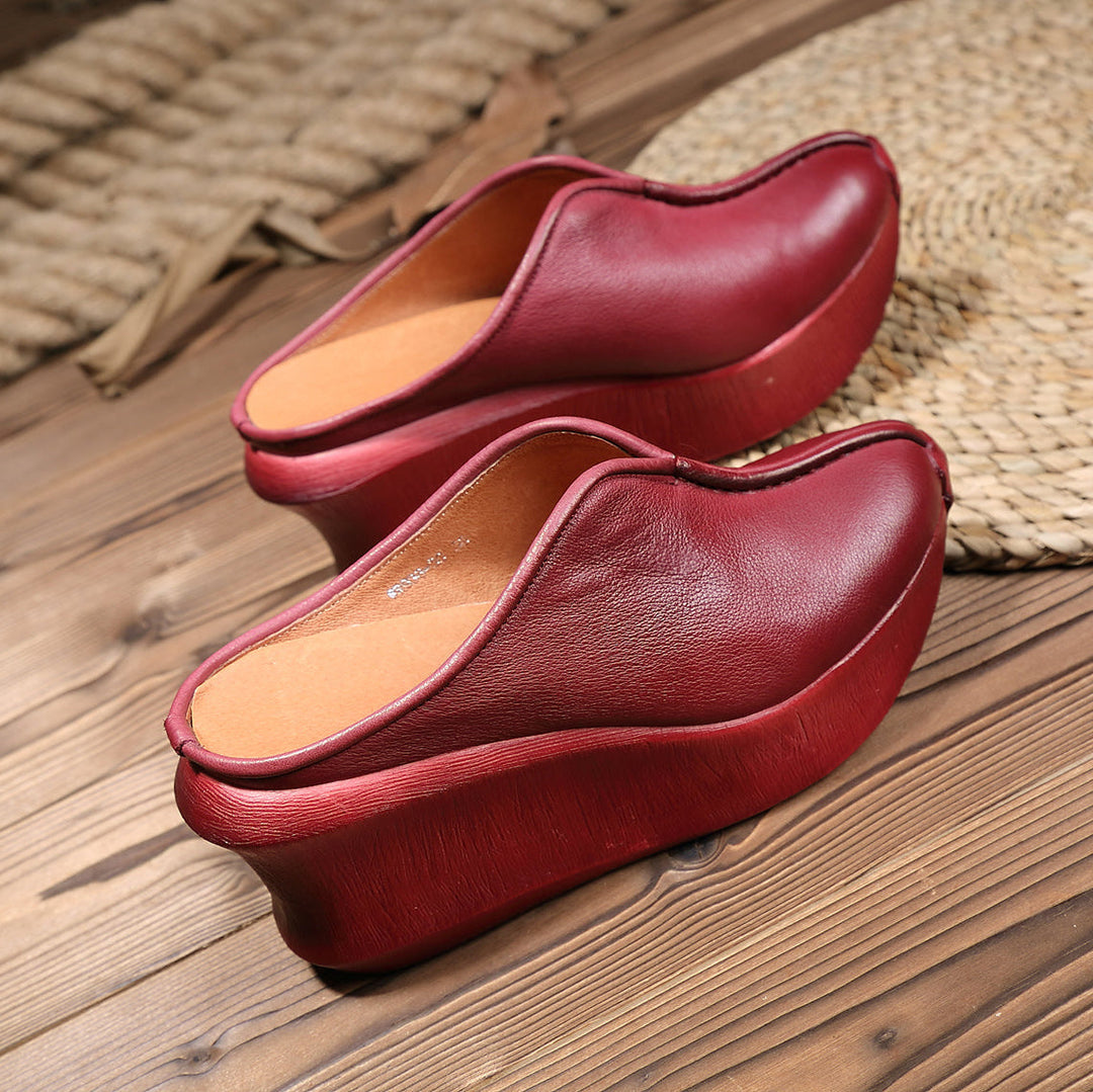 Women's Platform Mules - Premium Cowhide & Sheepskin - Summer Wedge Heels