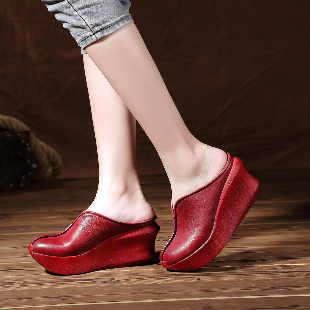 Women's Platform Mules - Premium Cowhide & Sheepskin - Summer Wedge Heels