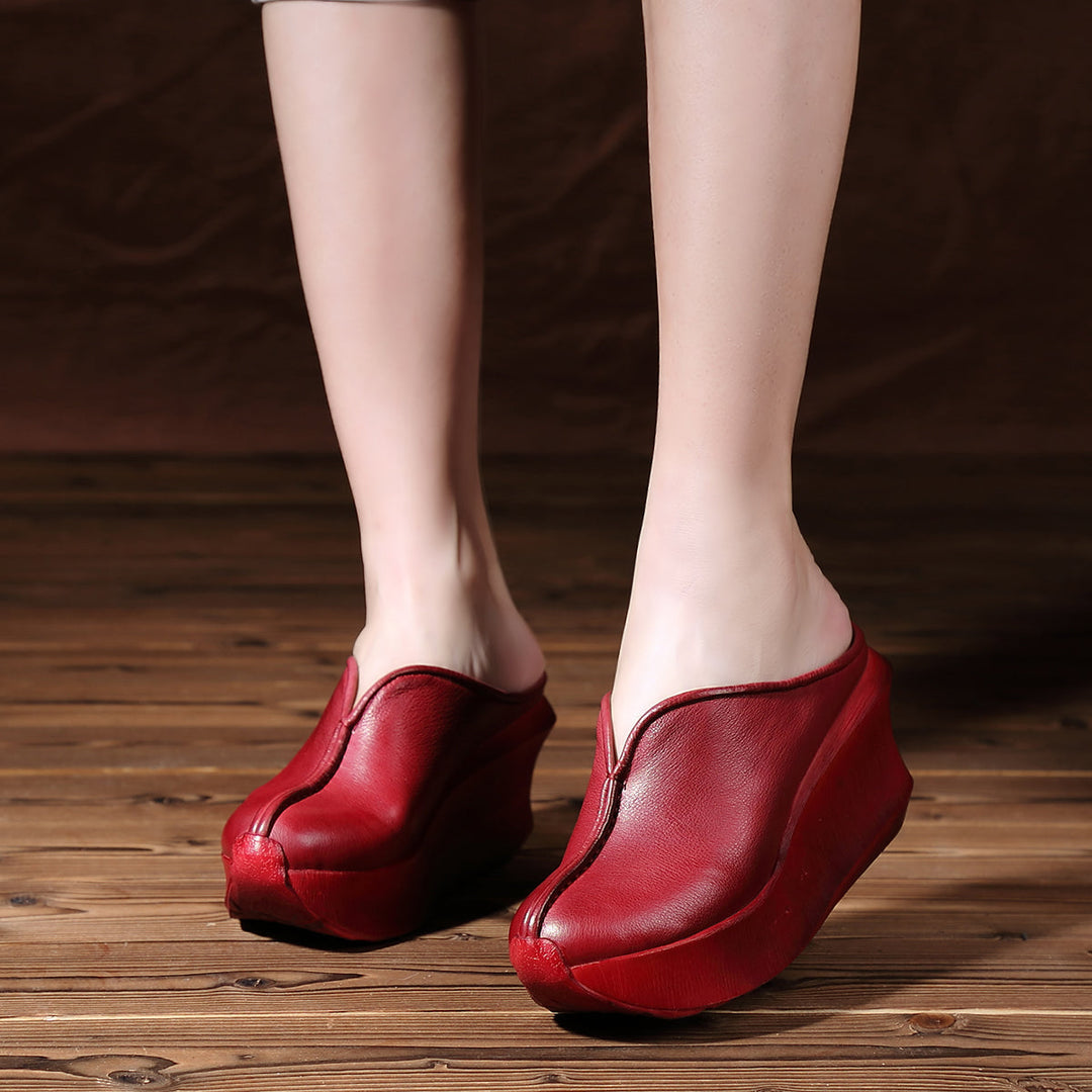 Women's Platform Mules - Premium Cowhide & Sheepskin - Summer Wedge Heels