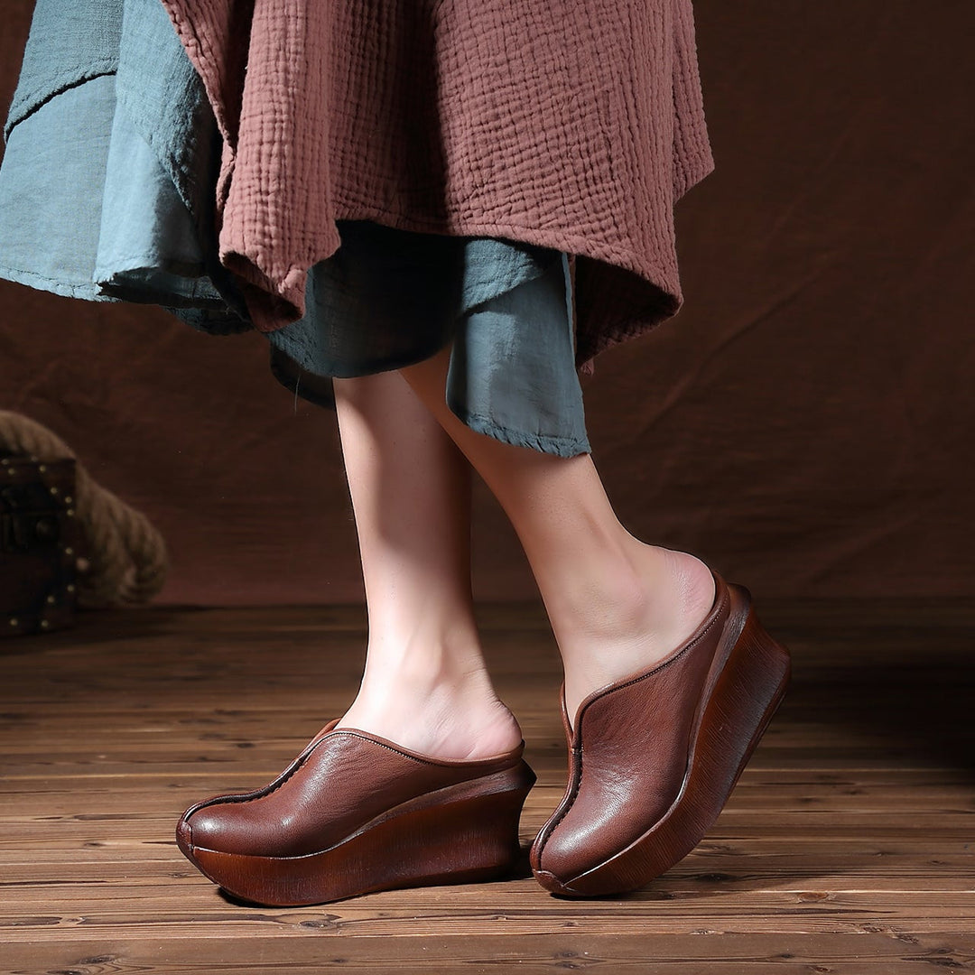 Women's Platform Mules - Premium Cowhide & Sheepskin - Summer Wedge Heels